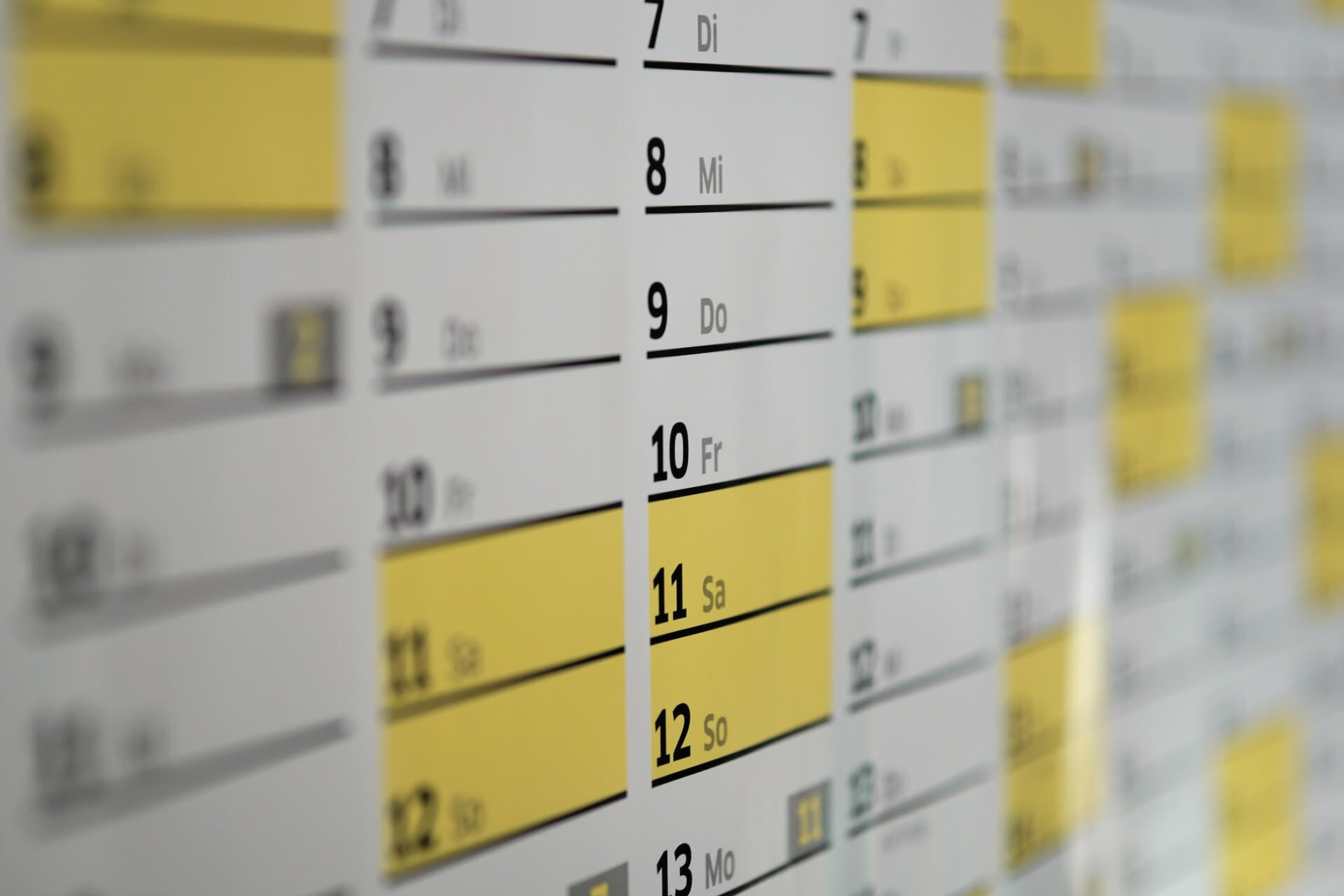 Calendrier. Contenu sur le repos hebdomadaire payé