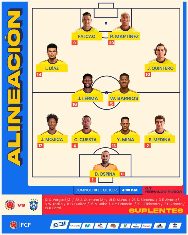 La tête de la Colombie affrontera le Brésil à Barranquilla.  Photo : Twitter @FCFSeleccionCol