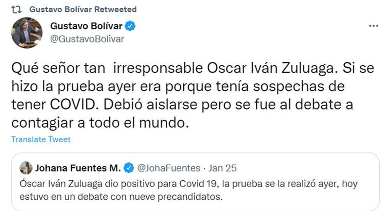 Sur Twitter, Gustavo Bolívar a déclaré qu'Óscar Iván Zuluaga était allé 
