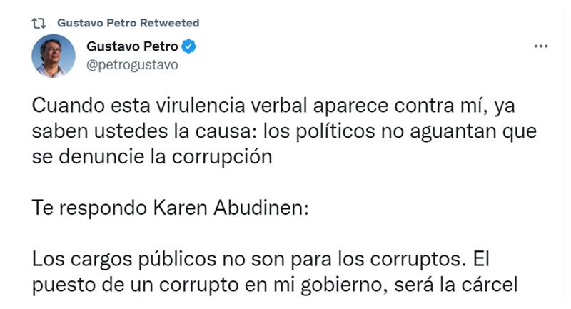 Avec ce tweet, Gustavo Petro a répondu à Karen Abudinen en le traitant de criminel.  Photo : Twitter @petrogustavo