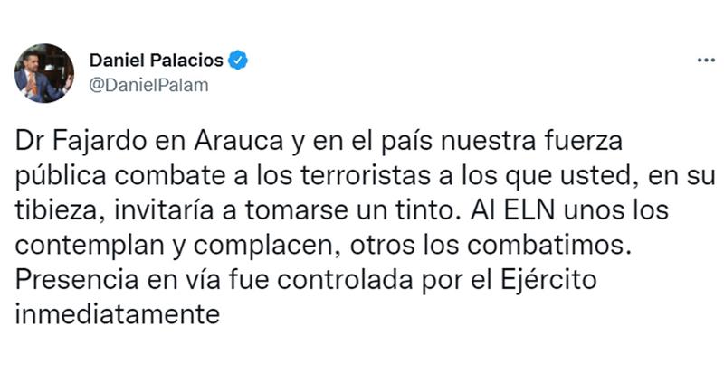 Daniel Palacios a répondu aux critiques de Sergio Fajardo sur la situation sécuritaire en Arauca.  Photo : Twitter @DanielPalam