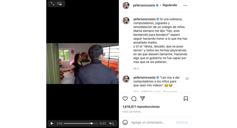 La vidéo frôle les 2 millions de vues.  Photo : Instagram @yefersoncossio.