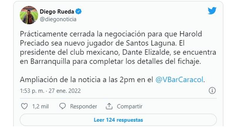 L'attaquant colombien pourrait vivre sa deuxième expérience à l'étranger.  Photo: Twitter Diego Rueda