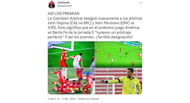 Jhon Alexander Ospina dirigera le match à Palmaseca.  Photo: TwitterJosé Borda