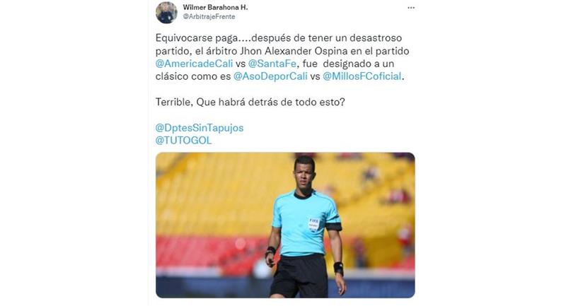 Certains fans ont critiqué la décision de la désignation de l'arbitre.  Photo: TwitterWlmer Barahona