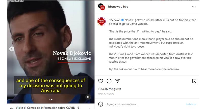 Entretien avec le joueur de tennis Novak Djokovic.  Photo : Instagram de la BBC