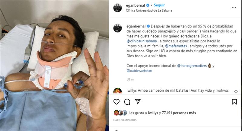 Depuis la clinique Sabana, le cycliste a partagé une photo avec un message de remerciement.  Photo: InstagramEgan Bernal