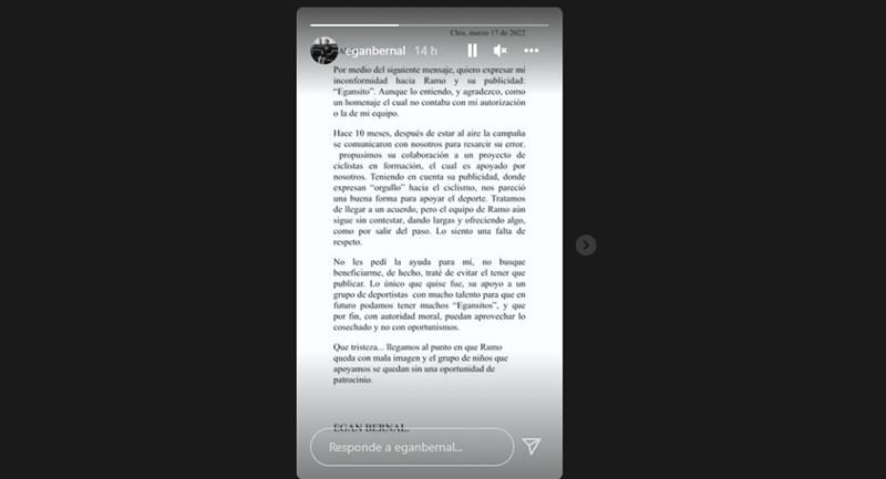 Déclaration d'Egan Bernal sur ses réseaux sociaux.  Photo: InstagramEgan Bernal