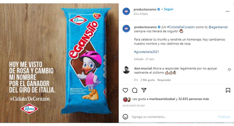 Publication du changement de nom d'un de ses produits de la société Ramo.  Photo: Bouquet de produits Instagram