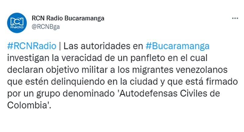 La véracité d'une déclaration qui inquiète les autorités de Bucaramanga fait l'objet d'une enquête.  Photo : Twitter @RCNBga