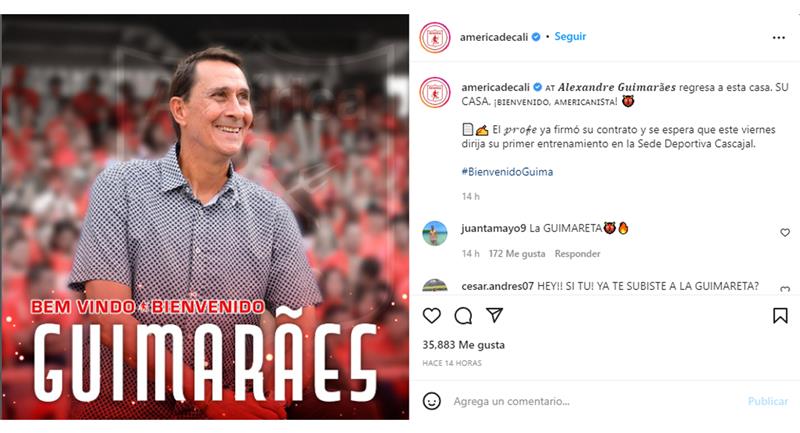 Sur leurs réseaux sociaux, l'équipe américaine a annoncé l'officialisation de Guimaraes en tant qu'entraîneur.  Photo: Instagram Amérique de Cali