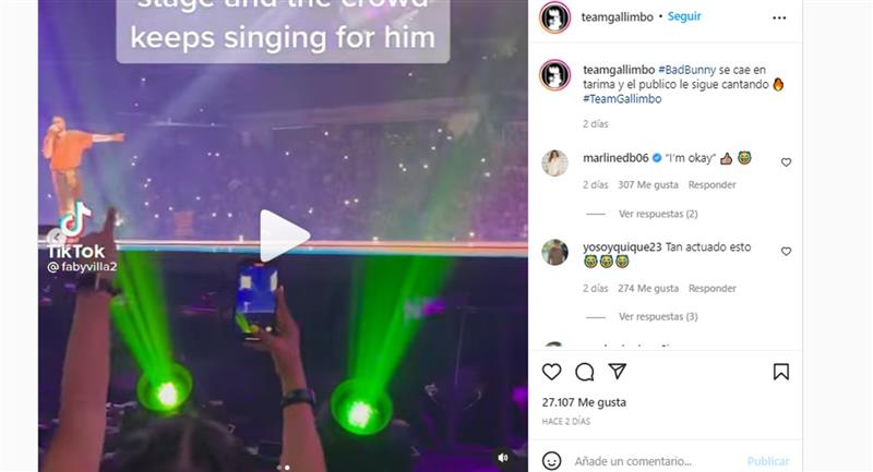Après l'incident, Bad Bunny s'est levé comme si de rien n'était.  Photo : Instagram