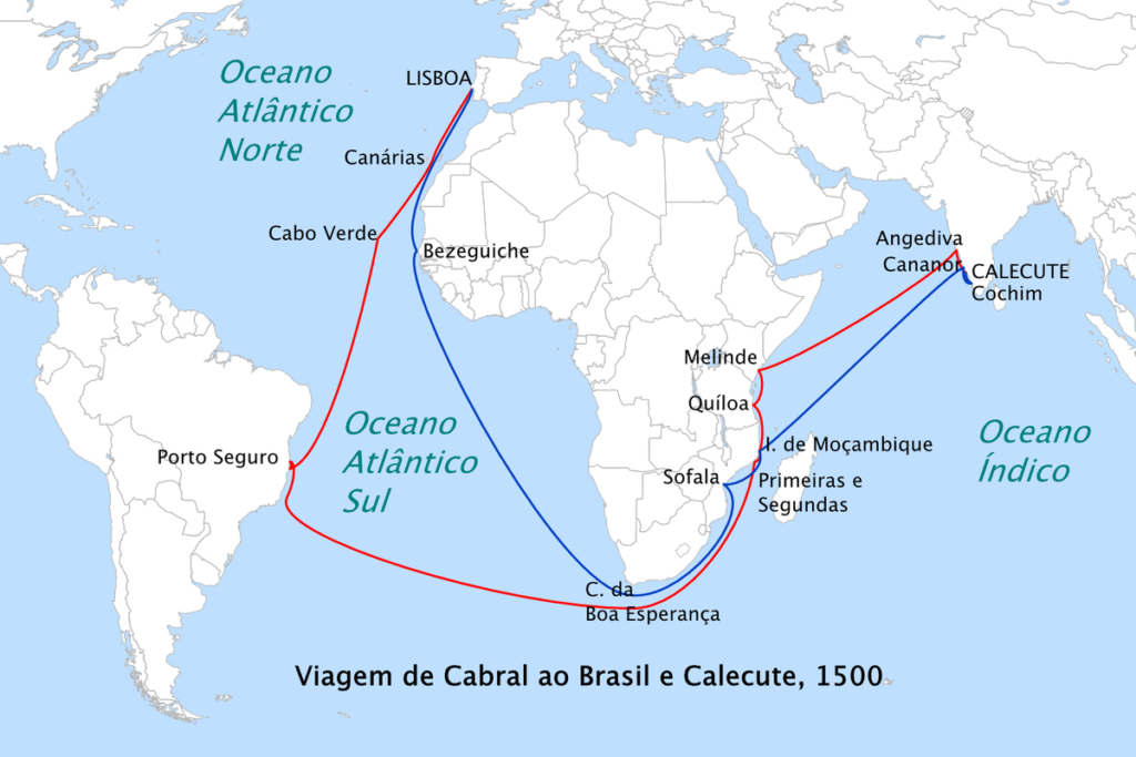 Itinéraire du voyage de Pedro Álvares Cabral du Portugal vers l'Inde en 1500 (en rouge) et le retour (en bleu).  Image : Wikipédia/Reproduction.