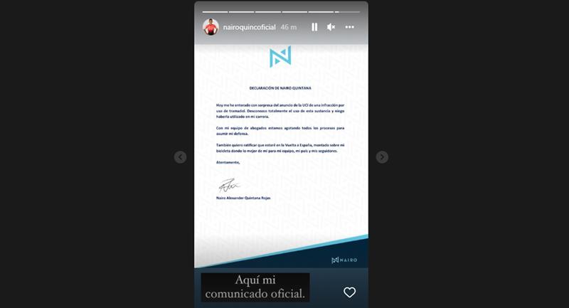 Déclaration officielle de Nairo Quintana sur les réseaux sociaux.  Photo: InstagramNairo Quintana