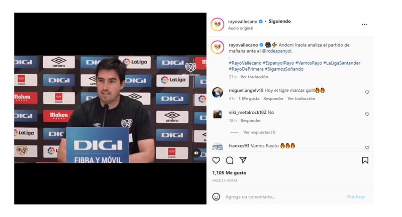 Adoni Iraola, entraîneur du Rayo Vallecano, a évoqué le duel face à l'Espanyol.  Photo: Instagram Rayo Vallecano