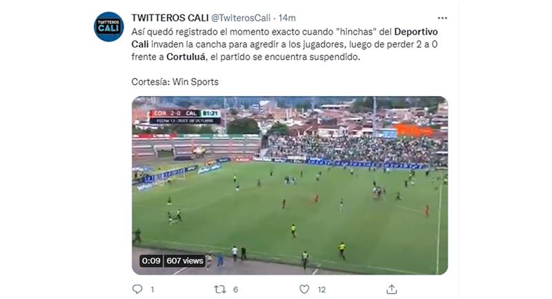Les fans de Cali sont entrés sur le terrain après la défaite contre Cortuluá.  Photo : Twitter @TwitterosCali