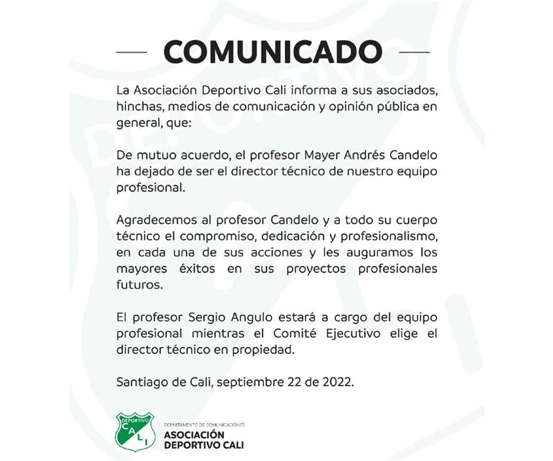 Communiqué officiel du Deportivo Cali pour annoncer le départ de Mayer Candelo.  Photo: Twitter Deportivo Cali
