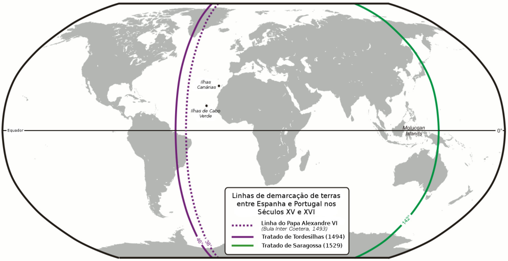 Carte avec les lignes du traité de Tordesillas de 1494. Image : Lencer/ Wikimedia Commons (adapté d'Info Escola).