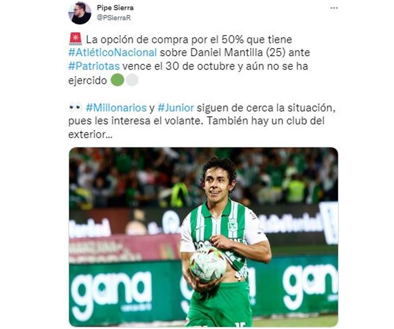 Pipe Sierra a confirmé l'intérêt de Millonarios pour le joueur qui joue pour Nacional.  Photo: Twitter Pipe Sierra