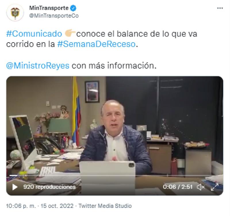 Photo : Twitter @MinTransporteCo