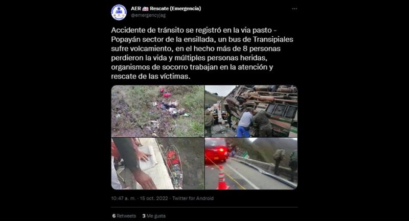 Photos de l'accident mortel de la circulation à Nariño.  Photo : Twitter @emergencyjag