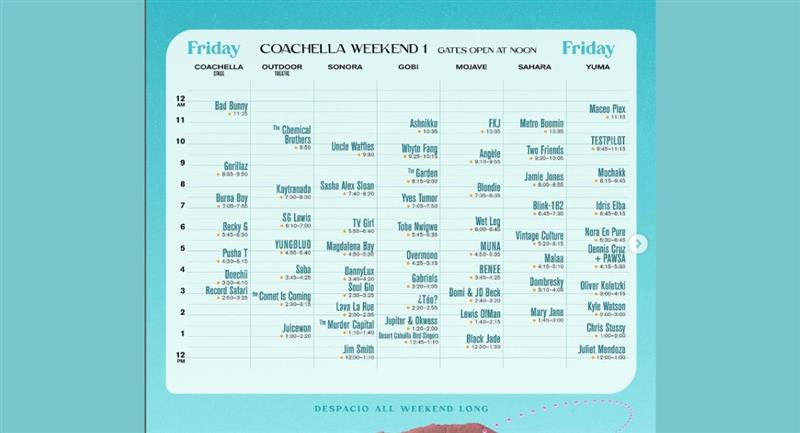 Horaire de la première journée du Festival.  Photo : Instagram @coachella