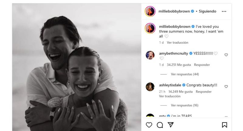 Annonce des fiançailles de Millie Bobby Brown.  Photo : Instagram @milliebobbybrown