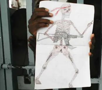 Dessin d'un soldat squelette tenant une mitrailleuse