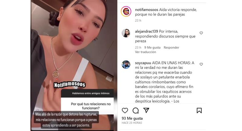 Aida Victoria répond, car les couples ne durent pas pour elle.  Photo : Instagram @notifamosoos