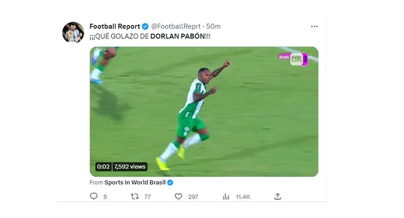 Regardez le but de Dorlan Pabón pour l'Atlético Nacional contre Olimpia.  Photo : Twitter @FootballReprt