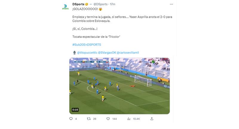 But de Yáser Asprilla pour le 2-0 Colombie vs Slovaquie.  Photo: Twitter Sports