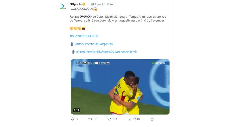 Colombie et le troisième pour Tomás Ángel.  Photo: Twitter Sports