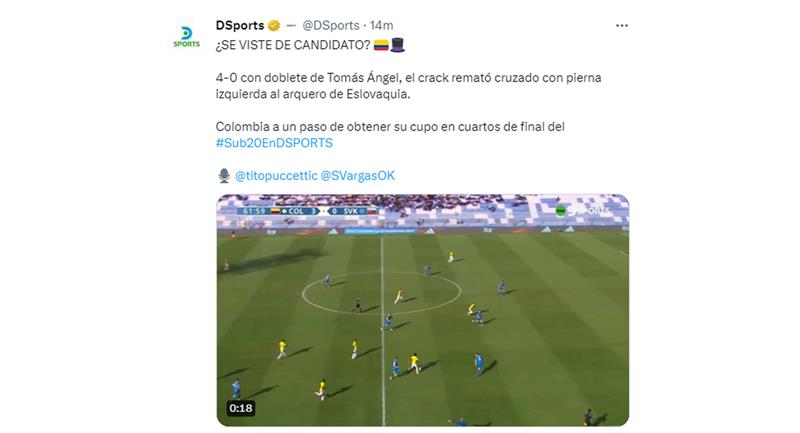Doublé de Tomás Ángel pour le 4-0 de la Colombie contre la Slovaquie.  Photo: Twitter Sports