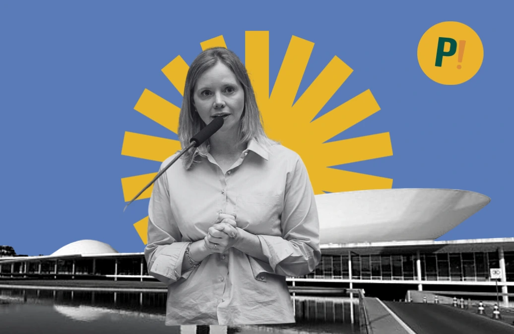 Montagem: dep. Dani Cunha e Congesso Nacional em preto e branco, com fundo azul e asterisco amarelo, em alusão ao PL 2720 de 2023, sobre pessoas politicamente expostas