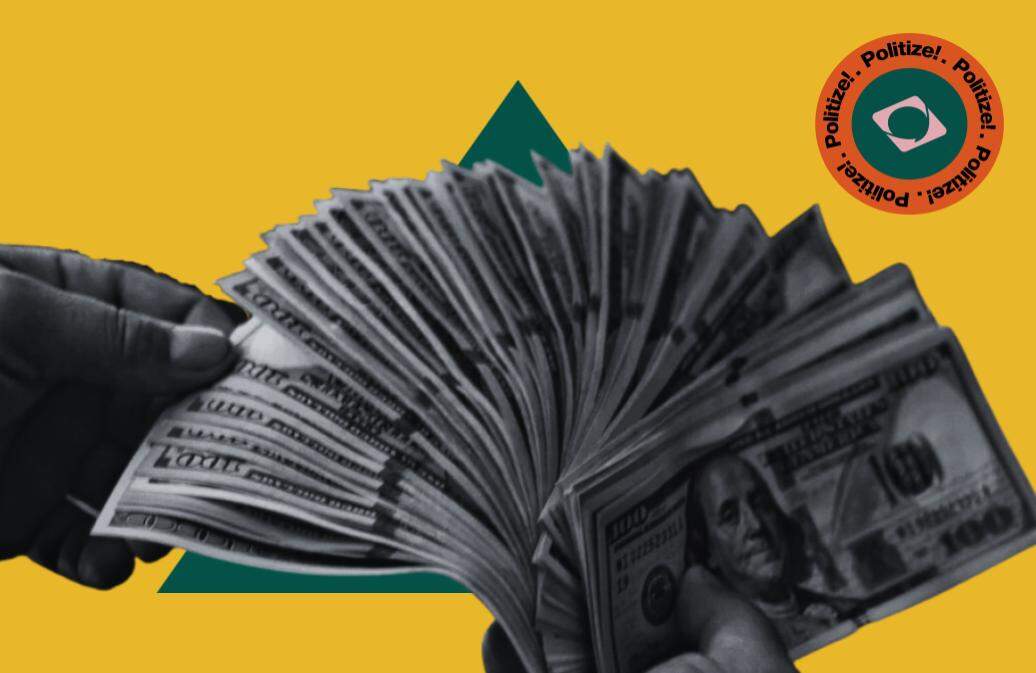 A imagem mostra uma colagem. há mãos segurando várias cédulas de dinheiro sobre um fundo amarelo com um triangulo verde. no lado superior direito, há um selo da Politize!