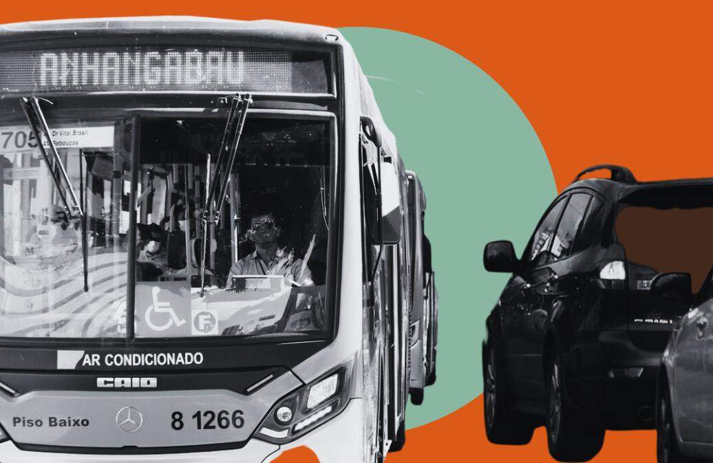 a imagem apresenta uma colagem de um onibus e de um carto