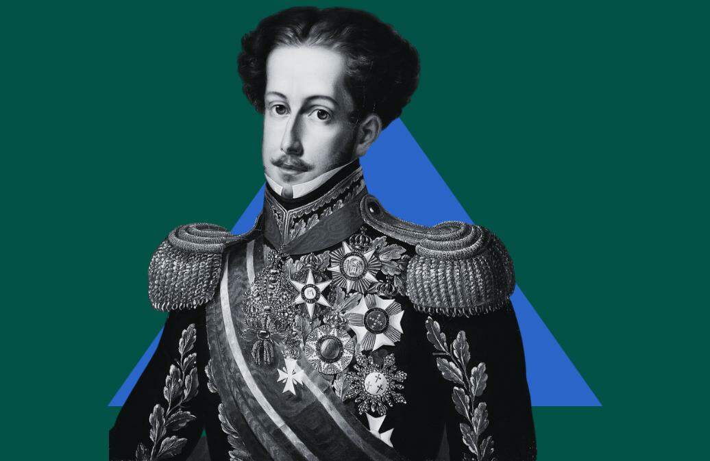 A imagem apresenta uma pintura de Dom Pedro 1