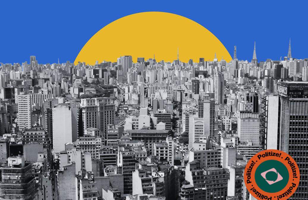 a imagem apresenta uma colagem de uma foto área da cidade de São Paulo com um fundo azul escuro e um semicírculo amarelo.