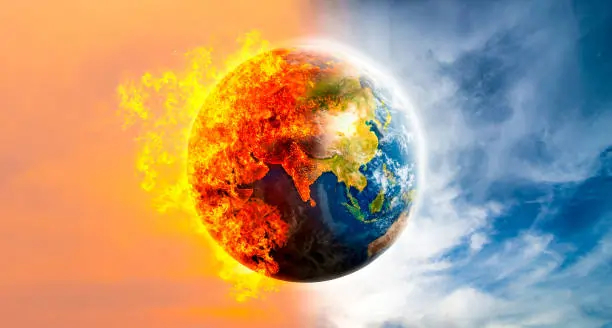 changement climatique en été : image de la planète terre hypothétiquement en train de brûler.