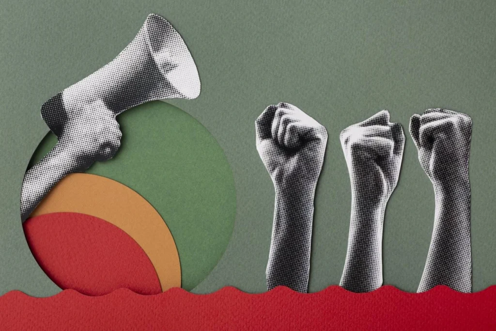 collage avec un fond vert et des couleurs chaudes illustrant la démocratie - la démocratie échoue ?