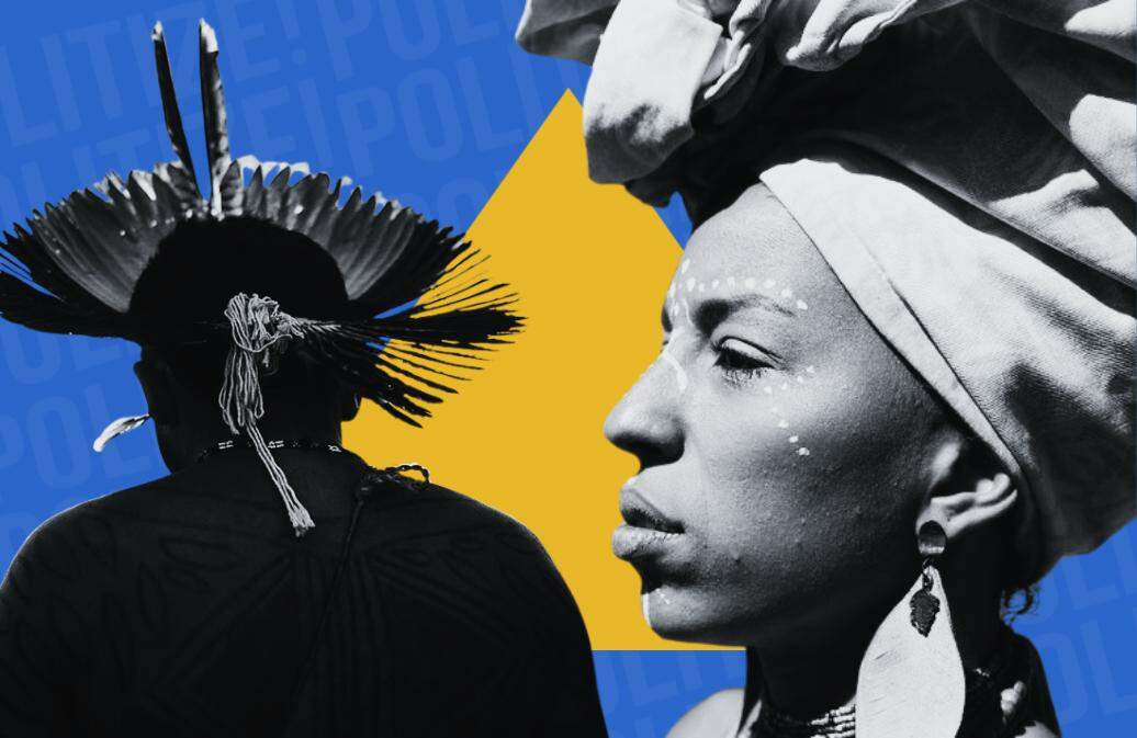 a imagem mostra uma colagem de uma pessoa indígena de costa e de uma mulher negra