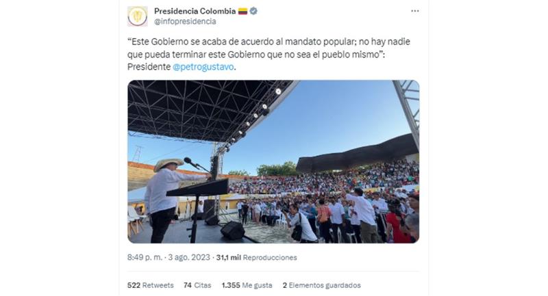 Petro réaffirme qu'il est gouverné par le mandat populaire. Photo : Twitter @infopresidencia Petro réaffirme qu'il est gouverné par le mandat populaire. Photo : Twitter @infopresidencia