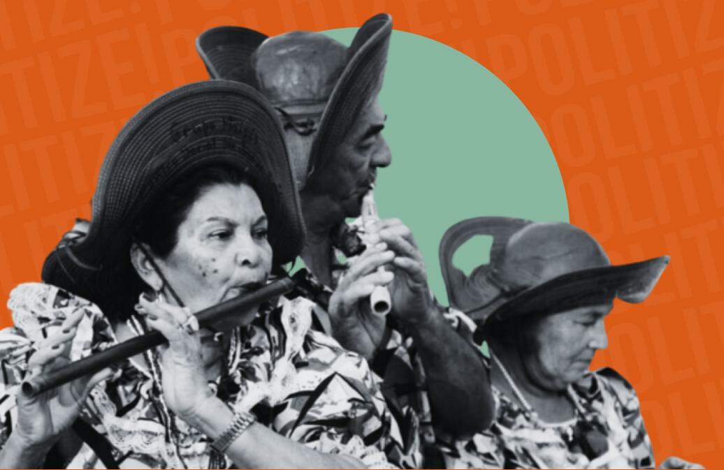 a imagem mostra aspectos da cultura nordestina. Há três pessoas com chapéus de couro, os três tocam flautas