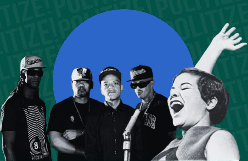 a imagem mostra personalidades da música brasileira. À esquerda os membros do racionais e à esquerda, Elis Regina.