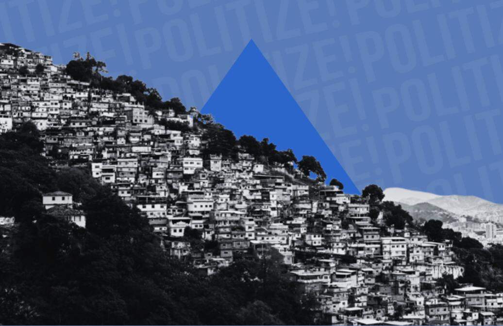 a imagem mostra uma colagem. uma favela do Rio de Janeiro em um fundo azul