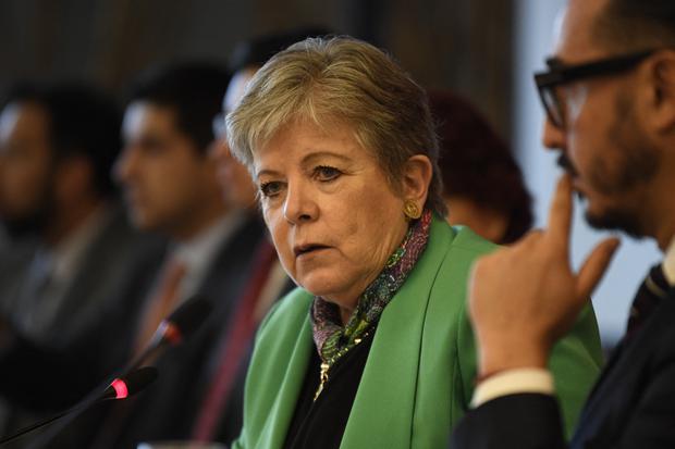 La ministre mexicaine des Affaires étrangères, Alicia Bárcena, s'exprime lors d'une conférence de presse avec les médias au siège du ministère des Affaires étrangères à Mexico, le 14 juillet 2023. (Photo de CLAUDIO CRUZ / AFP)
