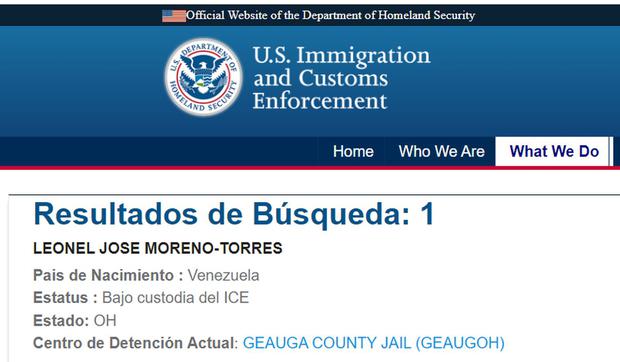 Leonel José Moreno Torres a été arrêté le 29 mars dans l'Ohio.  Il est détenu dans le comté de Geauga (Photo : ICE)