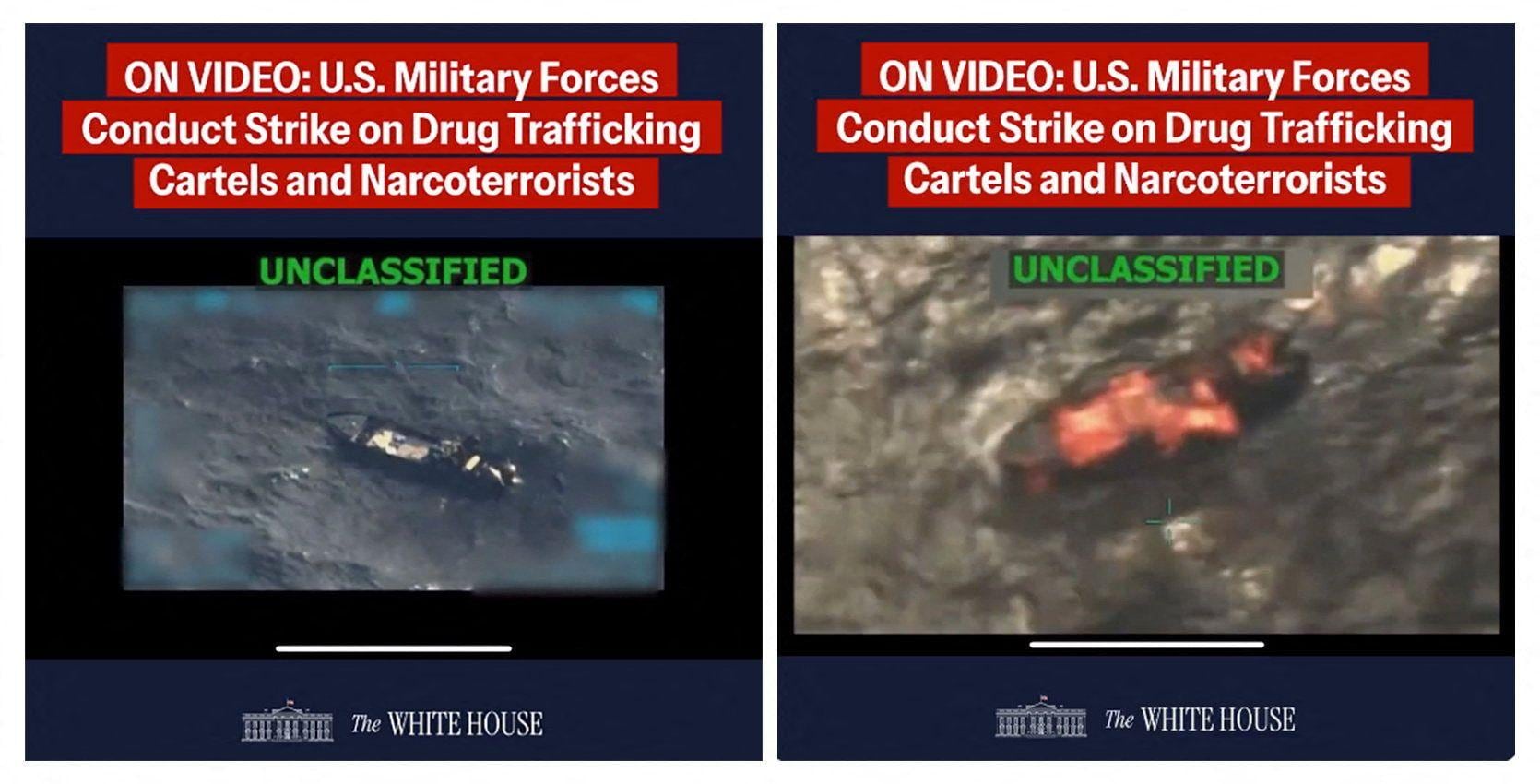 Une image combinée montre deux captures d'écran d'une vidéo publiée dans le compte de la Maison Blanche, qui représente ce que le président américain, Trump, a déclaré qu'il s'agissait d'une attaque militaire des États-Unis. Uu. À un navire d'un panneau de drogue vénézuélien.
