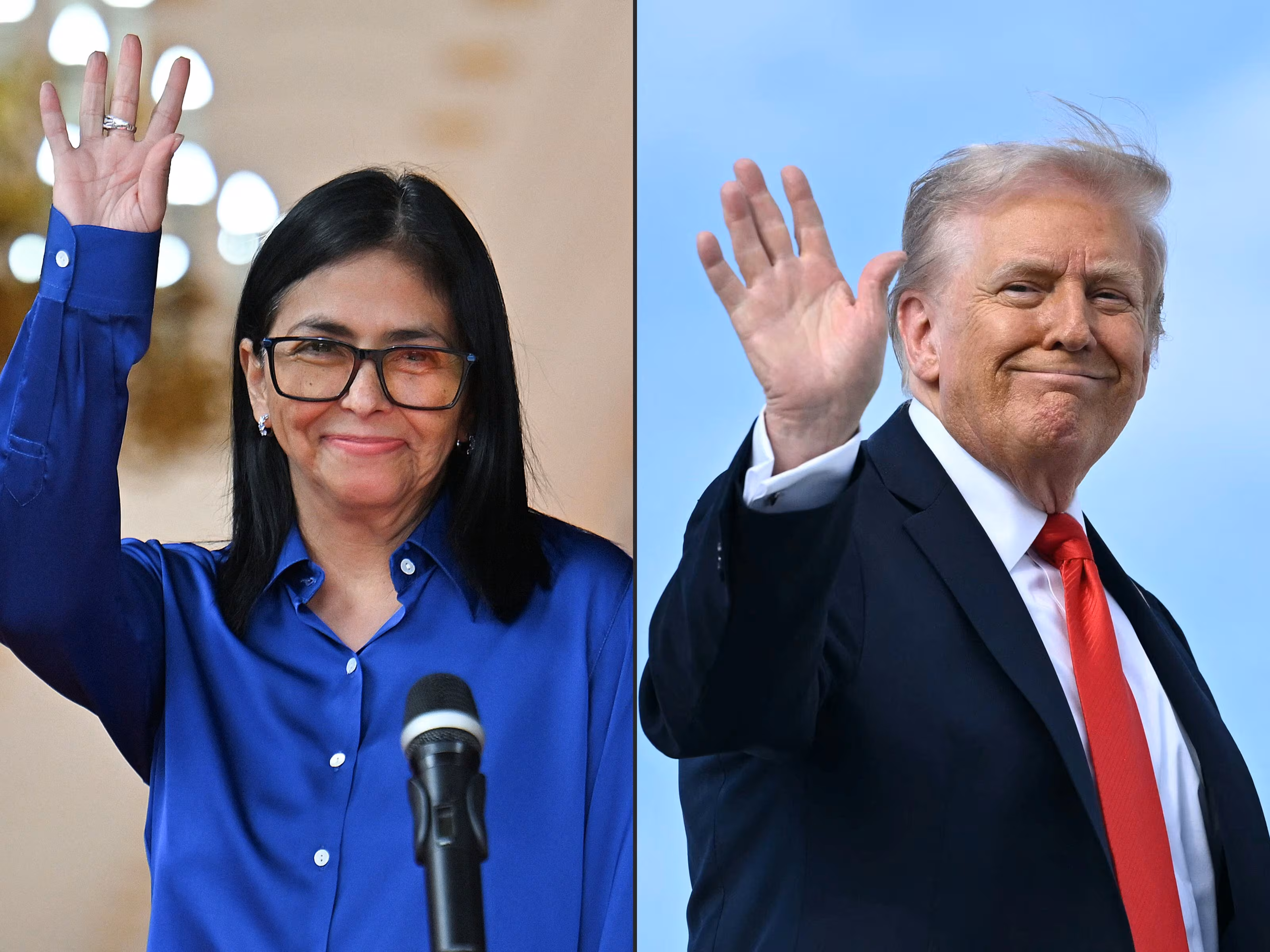 Le président par intérim du Venezuela, Delcy Rodríguez, et le président américain, Donald Trump. (Photos de Juan BARRETO et Mandel NGAN / AFP).