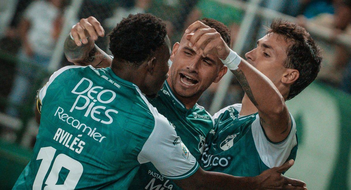 El gol del conjunto local llegó gracias a un cabezazo de Juan Ignacio Dinenno. Foto: Twitter @DeportivoCaliCP